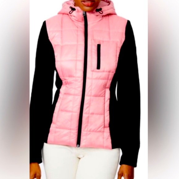 BNWOT Bernardo Pink and Black Colorblock EcoPlume Hooded Sport Jacket - Picture 1 of 11